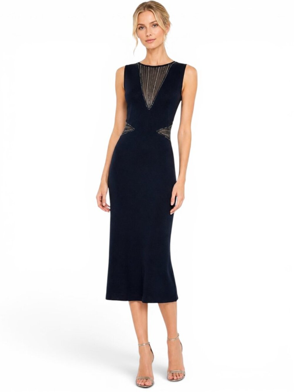 St. John Evening Black Santana Knit Sheer Panel Crystal Accent Midi Dress 6